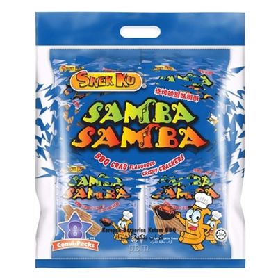 Snek Ku Samba Samba Crispy Crackers 8 Packs x 16g (BBQ Crab Flavour, 6 Count)