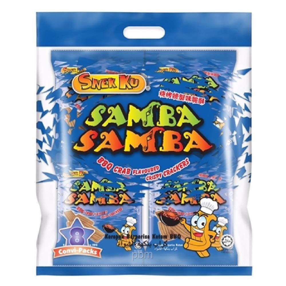 Snek Ku Samba Samba Crispy Crackers 8 Packs x 16g (BBQ Crab Flavour, 6 Count)