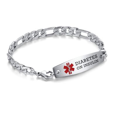 LinnaLove medical alert bracelets for men women Stainless steel Interchangeable medical bracelets, free engraving (Embossing-8.5 inches-diabetes on insulin)