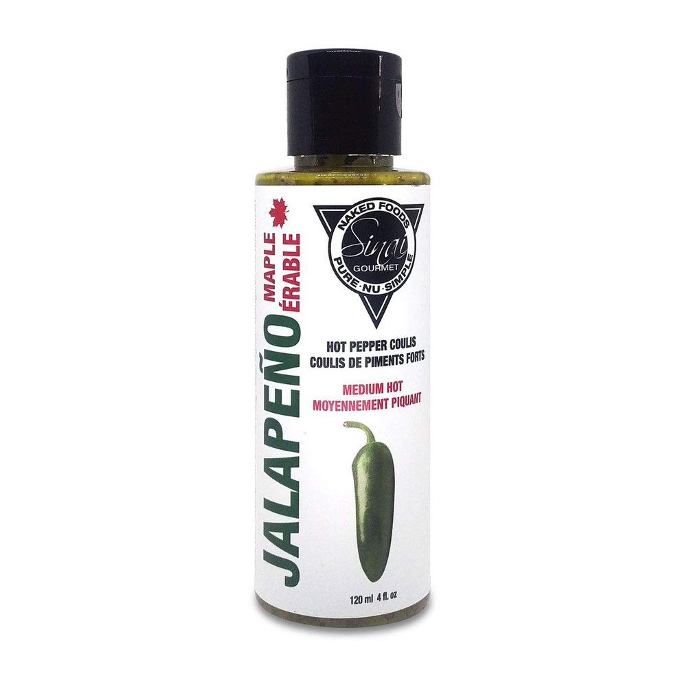 Sinai Gourmet JALAPENO MAPLE FRESH tasting VINEGAR-FREE CLEAN label hot sauce with REAL Canadian MAPLE SYRUP