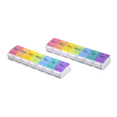 2 Pack Weekly Pill Organizer Vitamin Holder, DOSMAMZ 7 Day Travel Pill Box with Large Compartments, Push Button Design Medication Dispenser Case (Rainbow)
