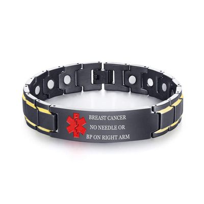 XUANPAI Medical Alert Bracelets for Men & Women with Free Engraving Adjustable Stainless Steel Emergency Medical ID Bracelets Wristband (Black-Red, 07.breast cancer no needle or bp on right arm)