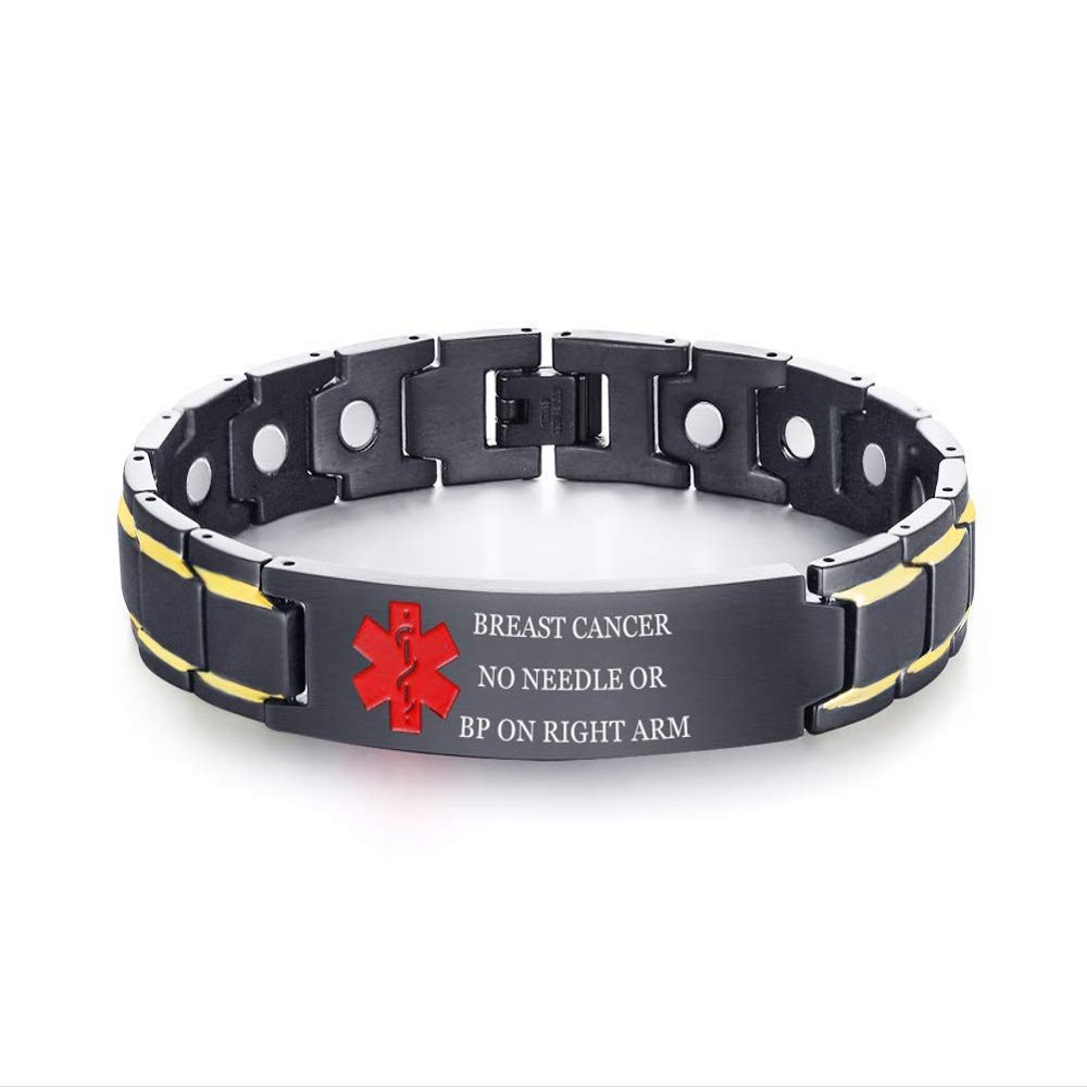 XUANPAI Medical Alert Bracelets for Men & Women with Free Engraving Adjustable Stainless Steel Emergency Medical ID Bracelets Wristband (Black-Red, 07.breast cancer no needle or bp on right arm)