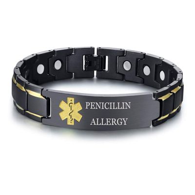 XUANPAI Medical Alert Bracelets for Men & Women with Free Engraving Adjustable Stainless Steel Emergency Medical ID Bracelets Wristband (Black-Yellow, 13.penicillin allergy)