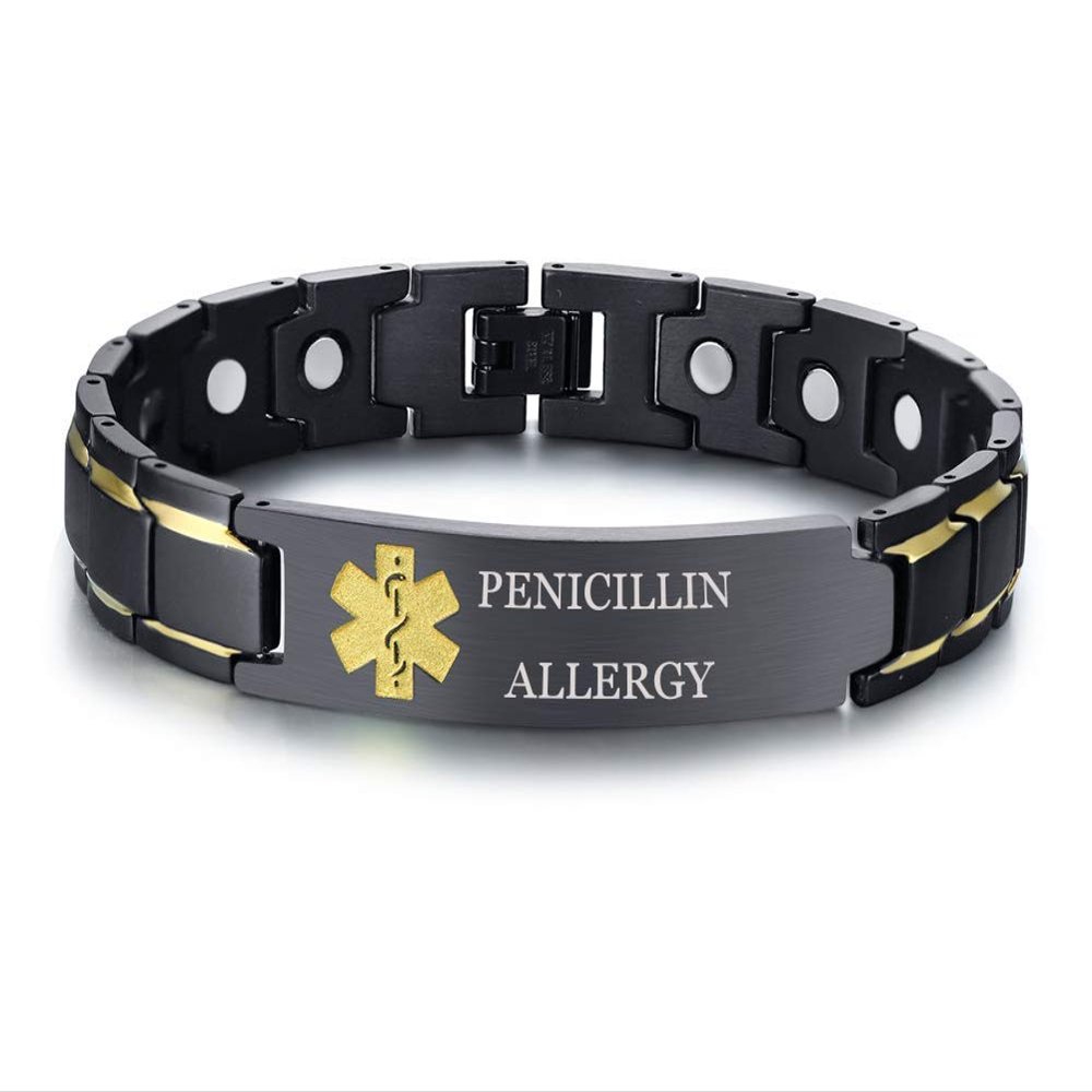 XUANPAI Medical Alert Bracelets for Men & Women with Free Engraving Adjustable Stainless Steel Emergency Medical ID Bracelets Wristband (Black-Yellow, 13.penicillin allergy)