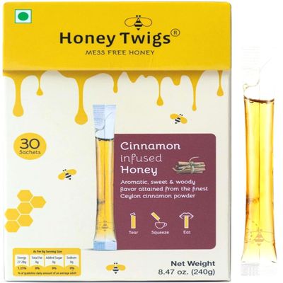 Honey Twigs Cinnamon Infused Honey Sticks - 30 Count Single Serve Natural Honey Straws - 8.47 oz per pack (8g per stick) | 100% Pure, Pocket-friendly Travel Pack