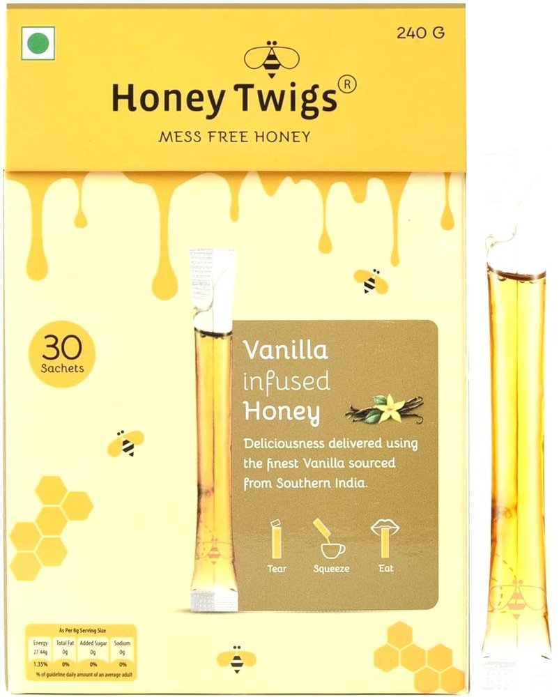 Honey Twigs Vanilla Infused Honey Sticks - 30 Count Single Serve Natural Honey Straws - 8.47 oz per pack (8g per stick) | 100% Pure, Pocket-friendly Travel Pack