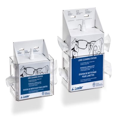 Rack'em 5158 Lens Cleaning Station, Box Size Footprint: 8.875" W x 5.625" D or Less. Dispenser Size:6" Height x 9.25" Width x 6" Diameter