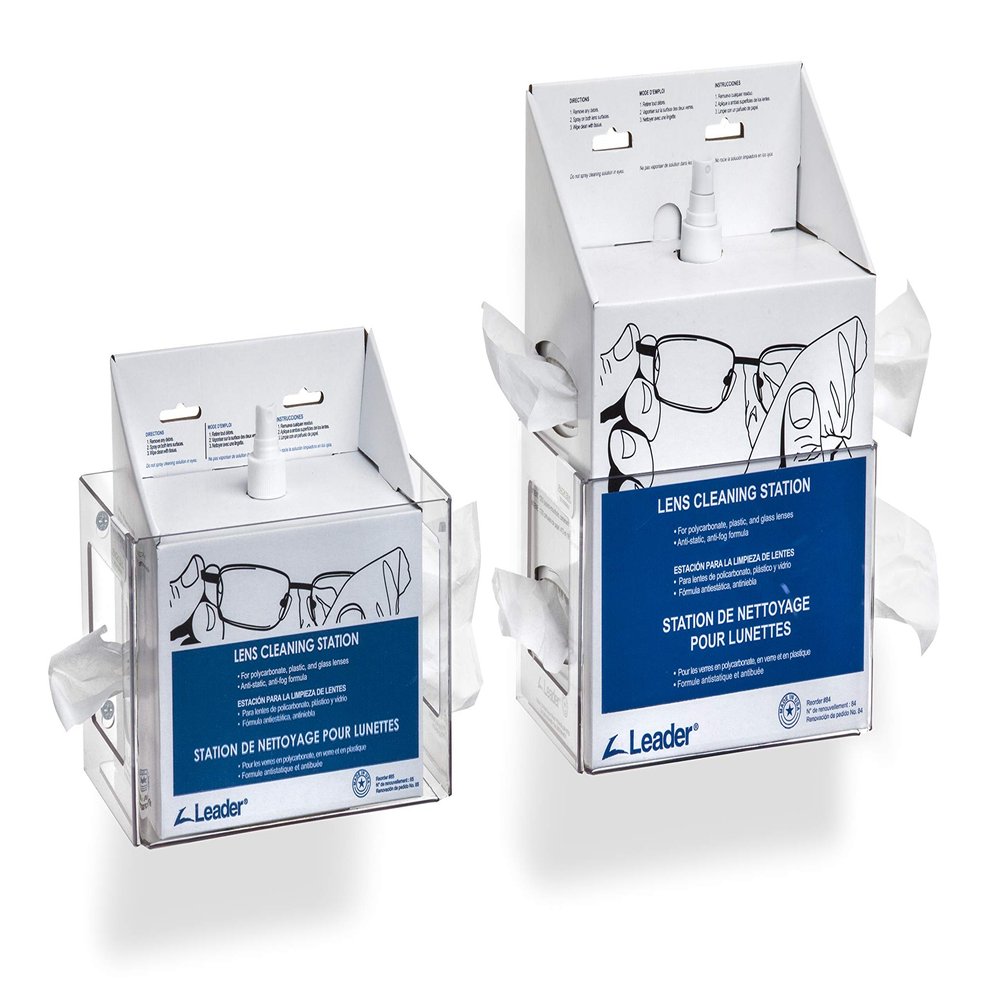 Rack'em 5158 Lens Cleaning Station, Box Size Footprint: 8.875" W x 5.625" D or Less. Dispenser Size:6" Height x 9.25" Width x 6" Diameter