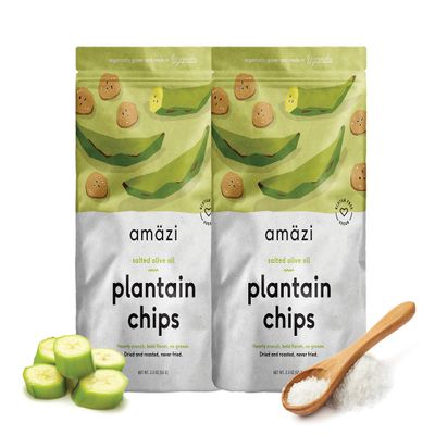 Amazi Dried & Roasted Plantain Chips - Salted Olive Oil Flavor - Organically Grown, Fair Trade, Gluten-Free, Certified Vegan Chips - Paleo Friendly Healthy Snacks - Uses Heart-Healthy Fats - 2 Pack