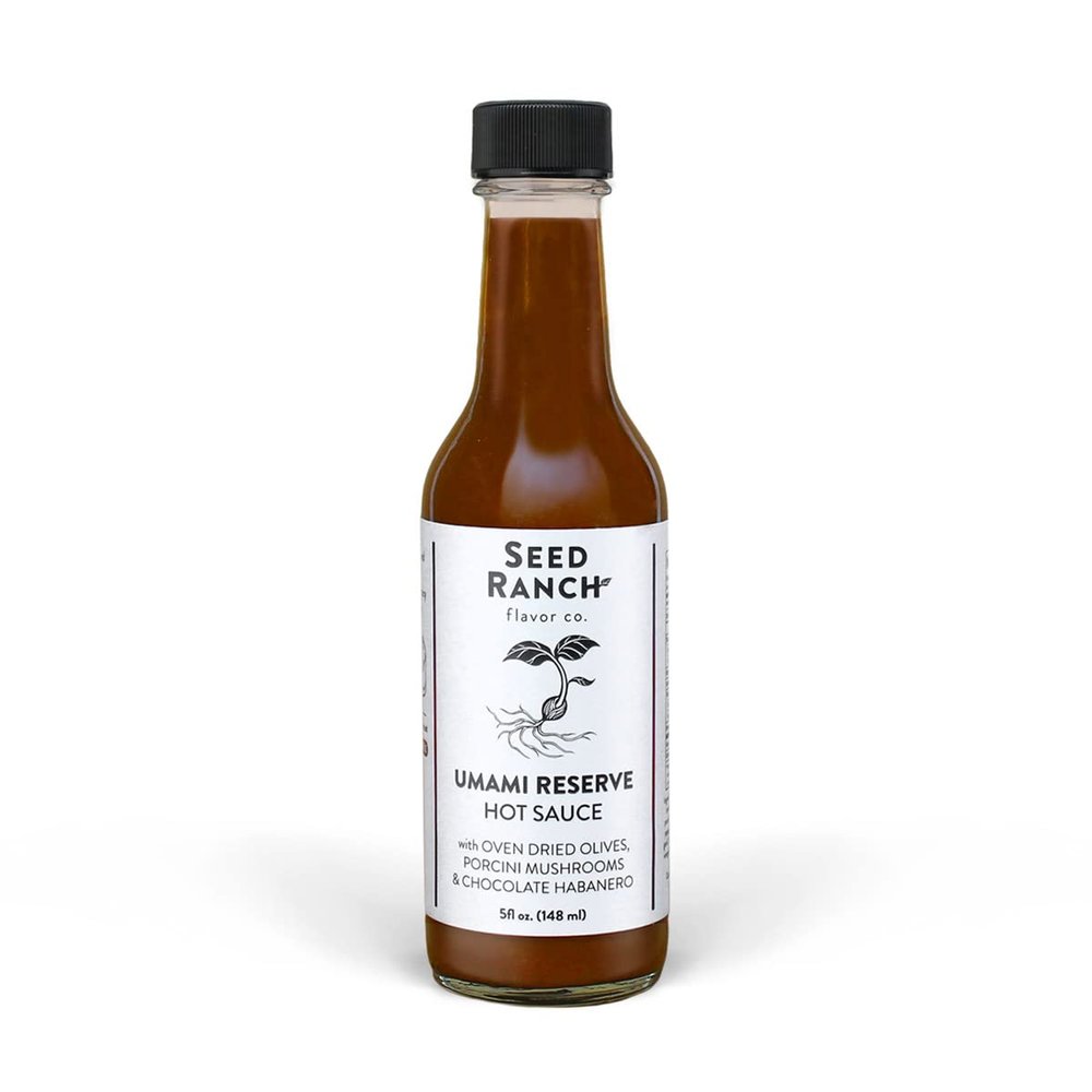 Seed Ranch Umami Reserve Hot Sauce, 5 Fl. oz. - Spicy Heat Flavor - Oven Dried Olives, Porcini Mushrooms & Chocolate Habanero - Vegan, Non-GMO, Gluten-Free - Marinade, Vegetables, Soup & Rice