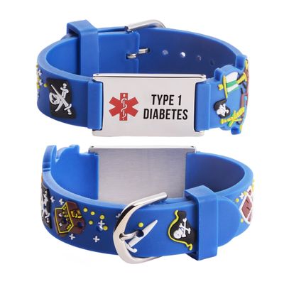 LinnaLove-Cartoon Pirates Medical id bracelet Parents gift to Son, daughter, brother, sister-Pre-engraving TYPE 1 DIABETES.