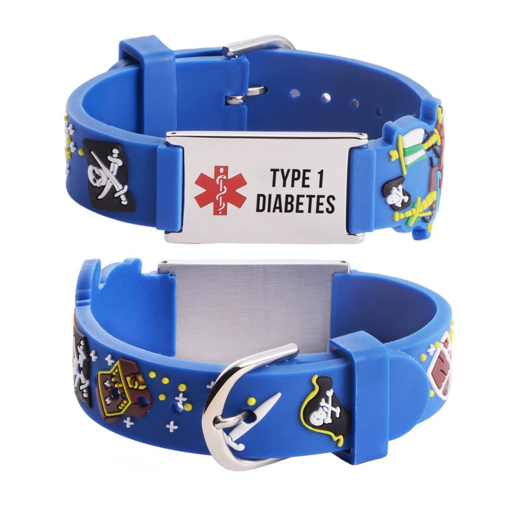 LinnaLove-Cartoon Pirates Medical id bracelet Parents gift to Son, daughter, brother, sister-Pre-engraving TYPE 1 DIABETES.