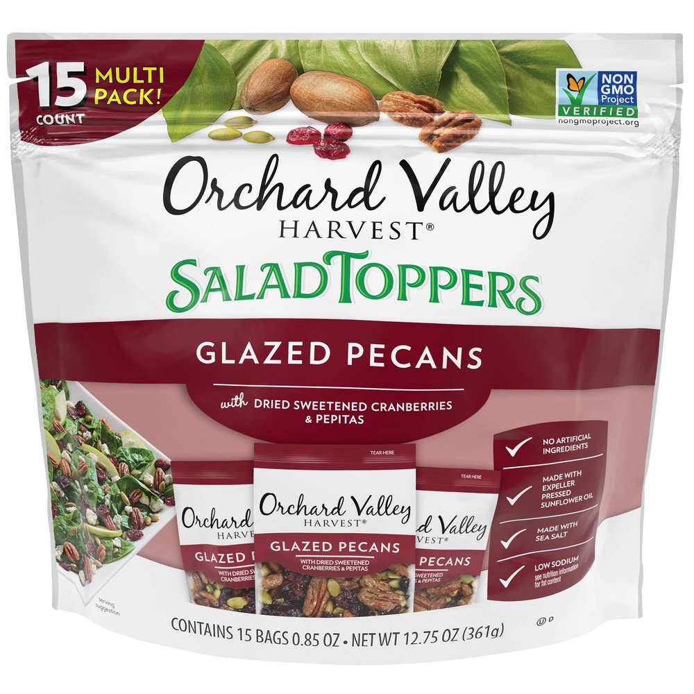Orchard Valley Harvest Glazed Pecans Salad Toppers, 0.85 Ounce Bags (Pack of 15), with Cranberries and Pepitas, Non-GMO, No Artificial Ingredients, Healthy Snacks for Adults