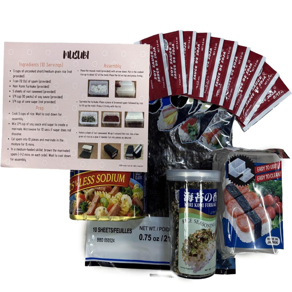 Hawaiian Musubi Making Gift Set (Musubi Mold, Luncheon Meat, Nori Seaweed, Furikake, Soy Sauce & Instruction)