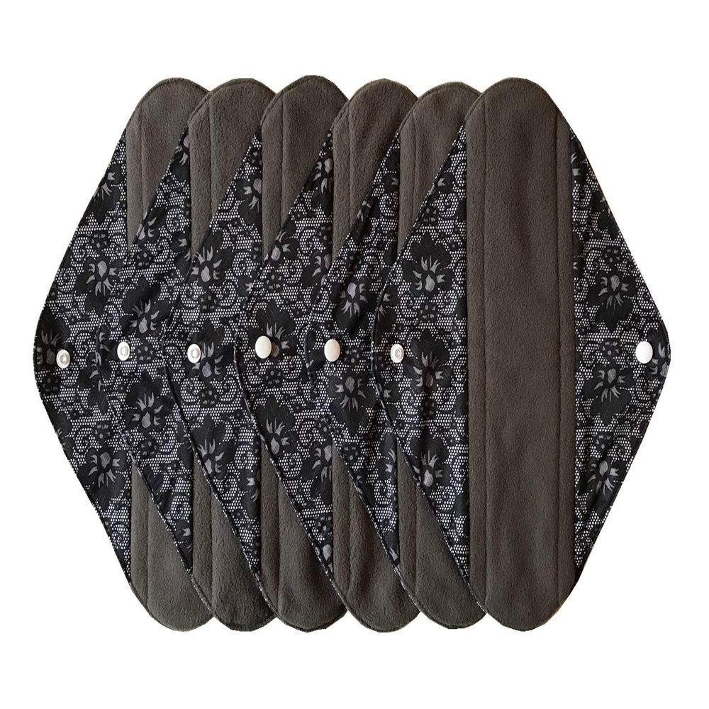 6 Pieces 12 Inch Heavy Flow Charcoal Bamboo Mama Cloth/Menstrual Pads/Reusable Sanitary Pads