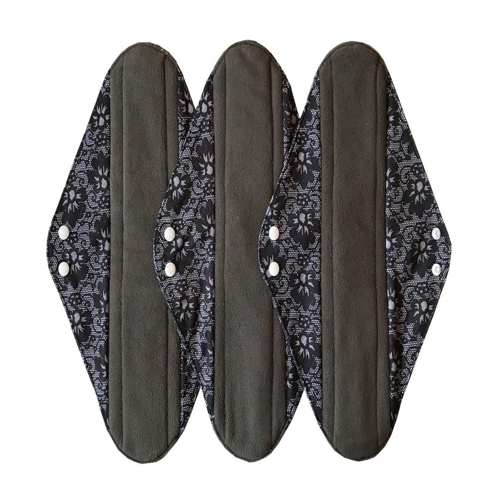 3 Pieces 14 Inch Overnight Charcoal Bamboo Reusable Mama Cloth/Menstrual Pads