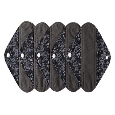 5 Pieces Charcoal Bamboo Mama Cloth/Menstrual Pads/Reusable Sanitary Pads (Black lace, Pantyliner (8 inch))