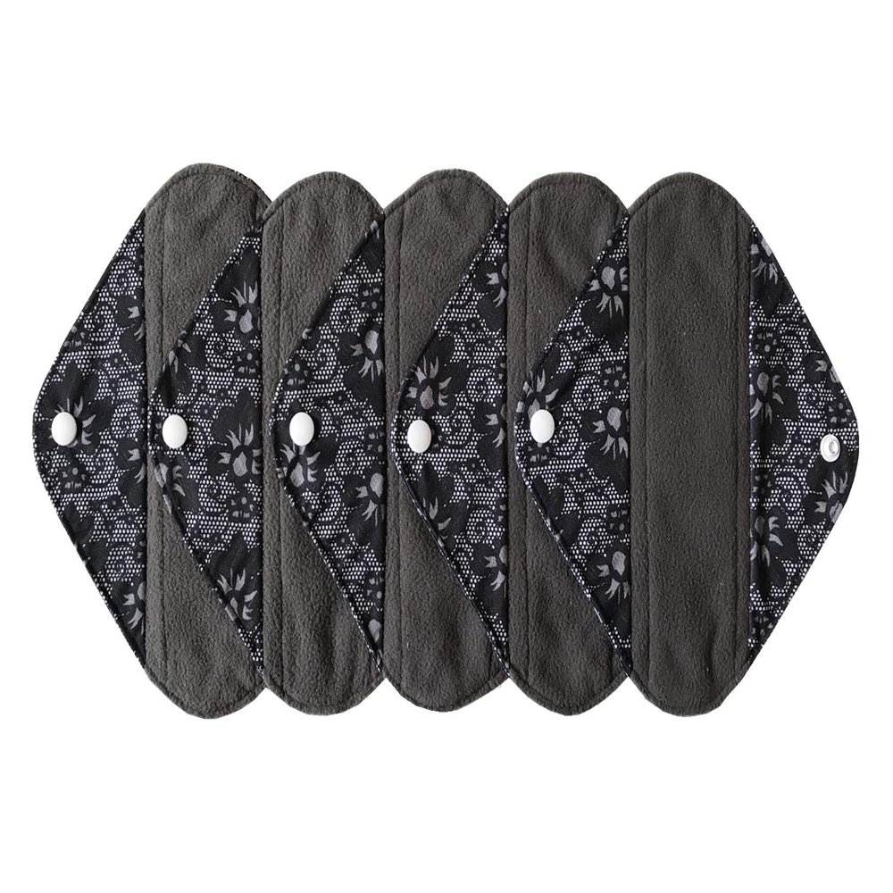 5 Pieces Charcoal Bamboo Mama Cloth/Menstrual Pads/Reusable Sanitary Pads (Black lace, Pantyliner (8 inch))