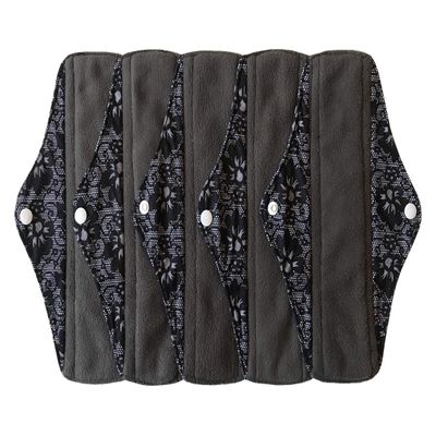 5 Pieces Charcoal Bamboo Mama Cloth/ Menstrual Pads/ Reusable Sanitary Pads (Black lace, Regular (10 inch))