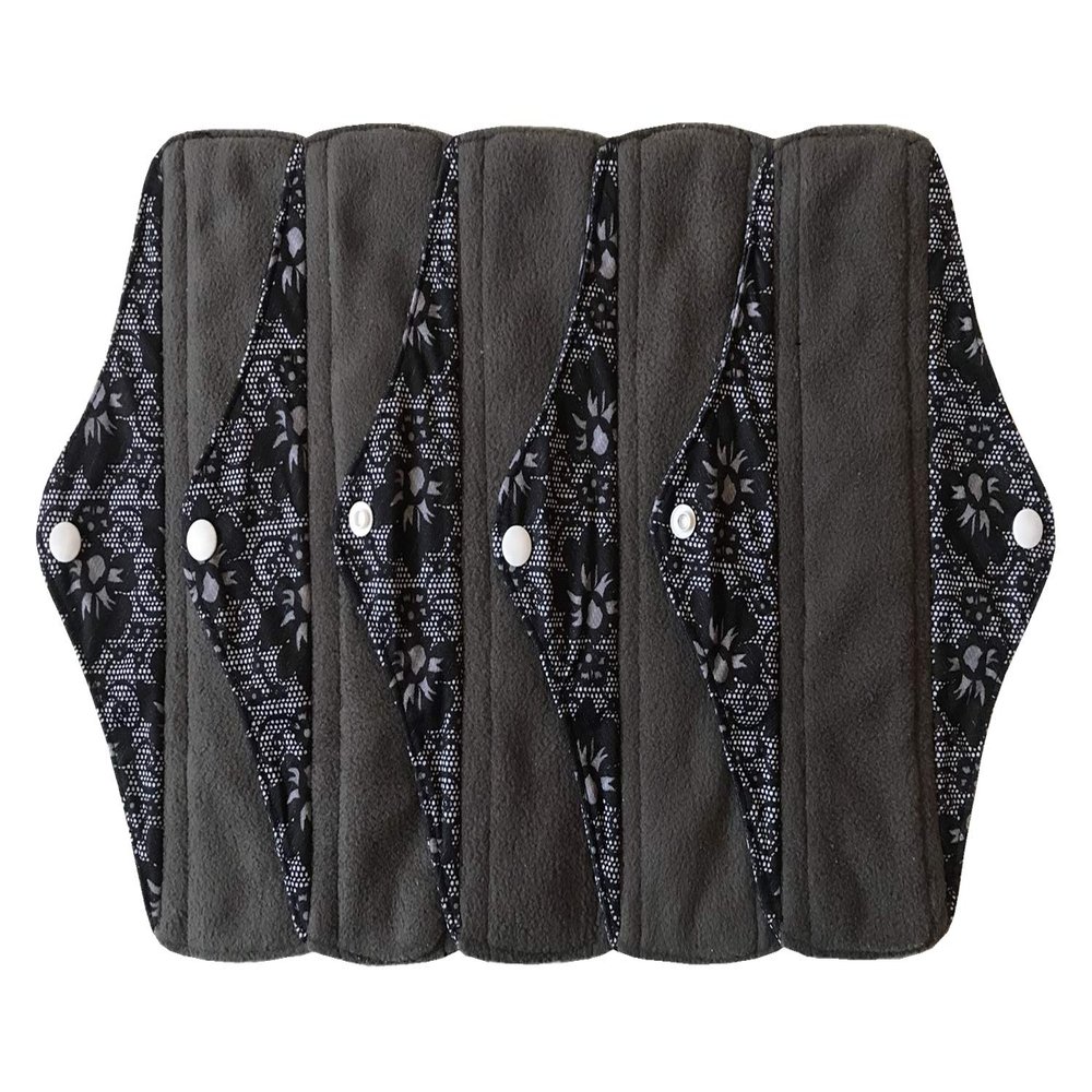 5 Pieces Charcoal Bamboo Mama Cloth/ Menstrual Pads/ Reusable Sanitary Pads (Black lace, Regular (10 inch))