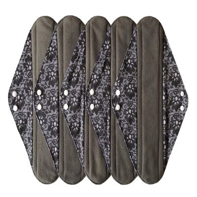 5 Pieces Charcoal Bamboo Mama Cloth/ Menstrual Pads/ Reusable Sanitary Pads (Black lace, Overnight (14 inch))
