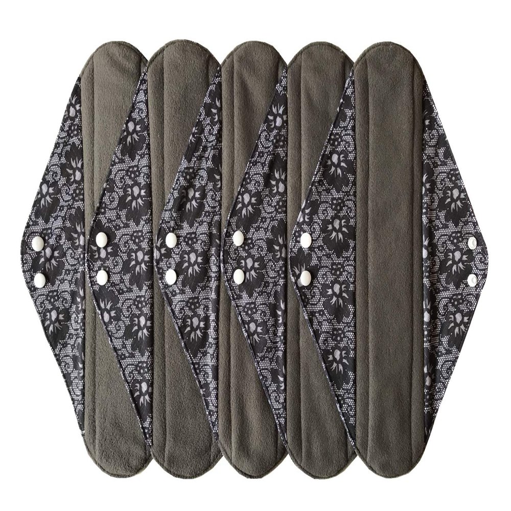 5 Pieces Charcoal Bamboo Mama Cloth/ Menstrual Pads/ Reusable Sanitary Pads (Black lace, Overnight (14 inch))