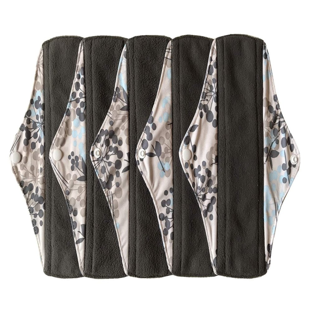 5 Pieces Charcoal Bamboo Mama Cloth/Menstrual Pads/Reusable Sanitary Pads (Silver, Regular (10 inch))