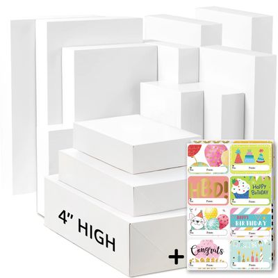 12 White Gift Wrap Boxes with Lids for wrapping Large Clothes (Assorted Sizes for Robes, Blankets & Shirts)and 80 Different Occasion Tag Stickers -Perfect for Mothers,Fathers Day,Birthdays, Baby Showers, Weddings