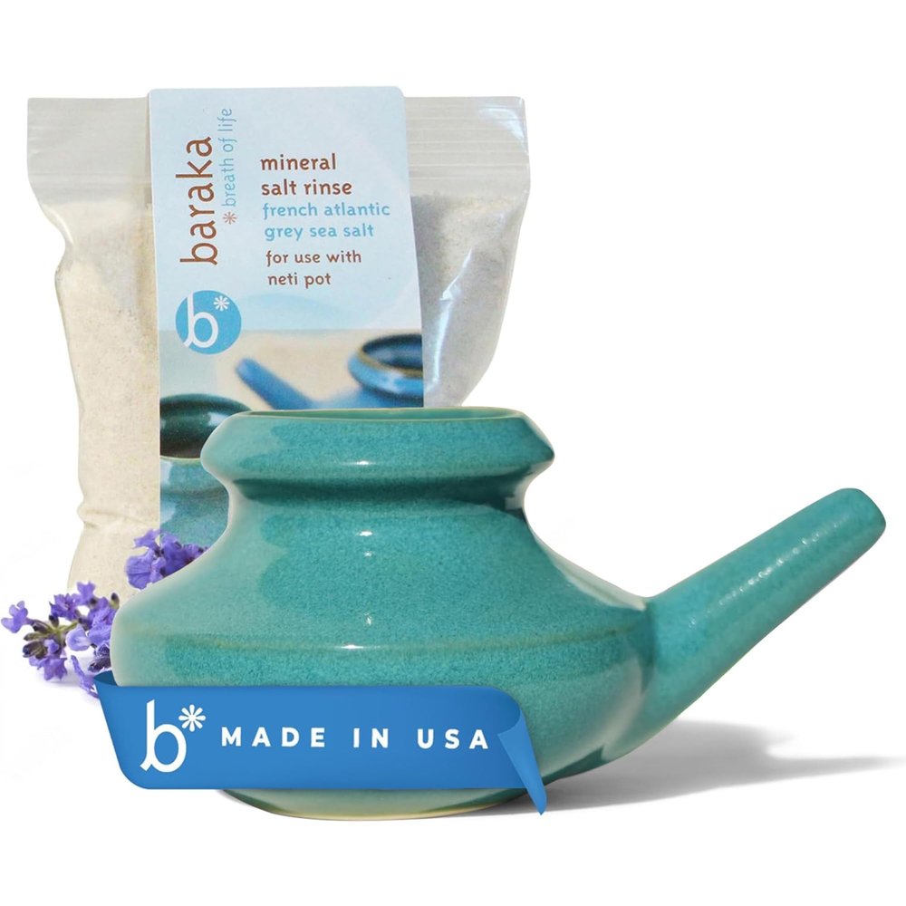 Baraka Neti Pot Tool Kit - Snoring & Saline Solution, Handcrafted Ceramic Dishwasher Safe with 2oz Mineral Sea Salt for Nose Cleaning & Sinus Rinse Perfect for Allergy Relief in Adults & Kids (Jade)