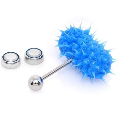 BodyJewelryOnline Lix Motorized 316L Surgical Steel Tongue Ring -Blue Silicone Spike 14G - Improved Motor