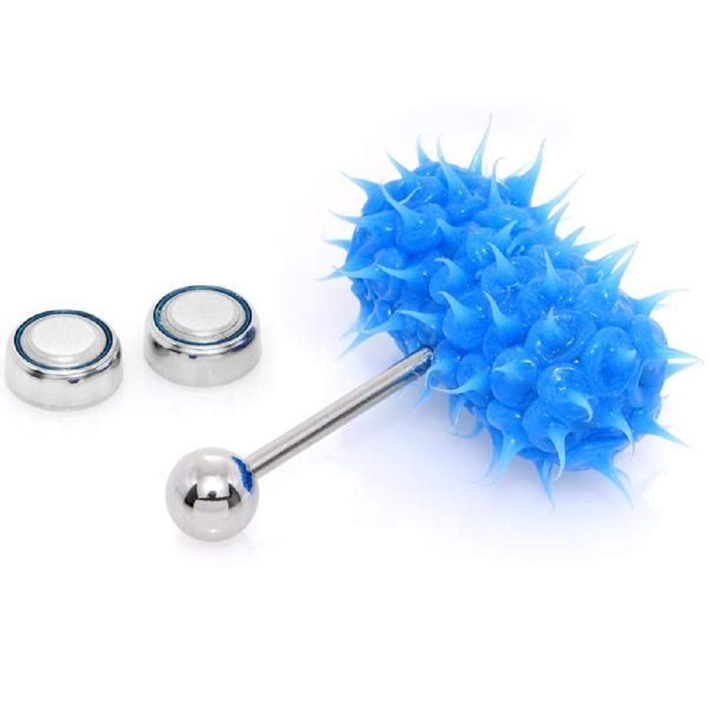 BodyJewelryOnline Lix Motorized 316L Surgical Steel Tongue Ring -Blue Silicone Spike 14G - Improved Motor