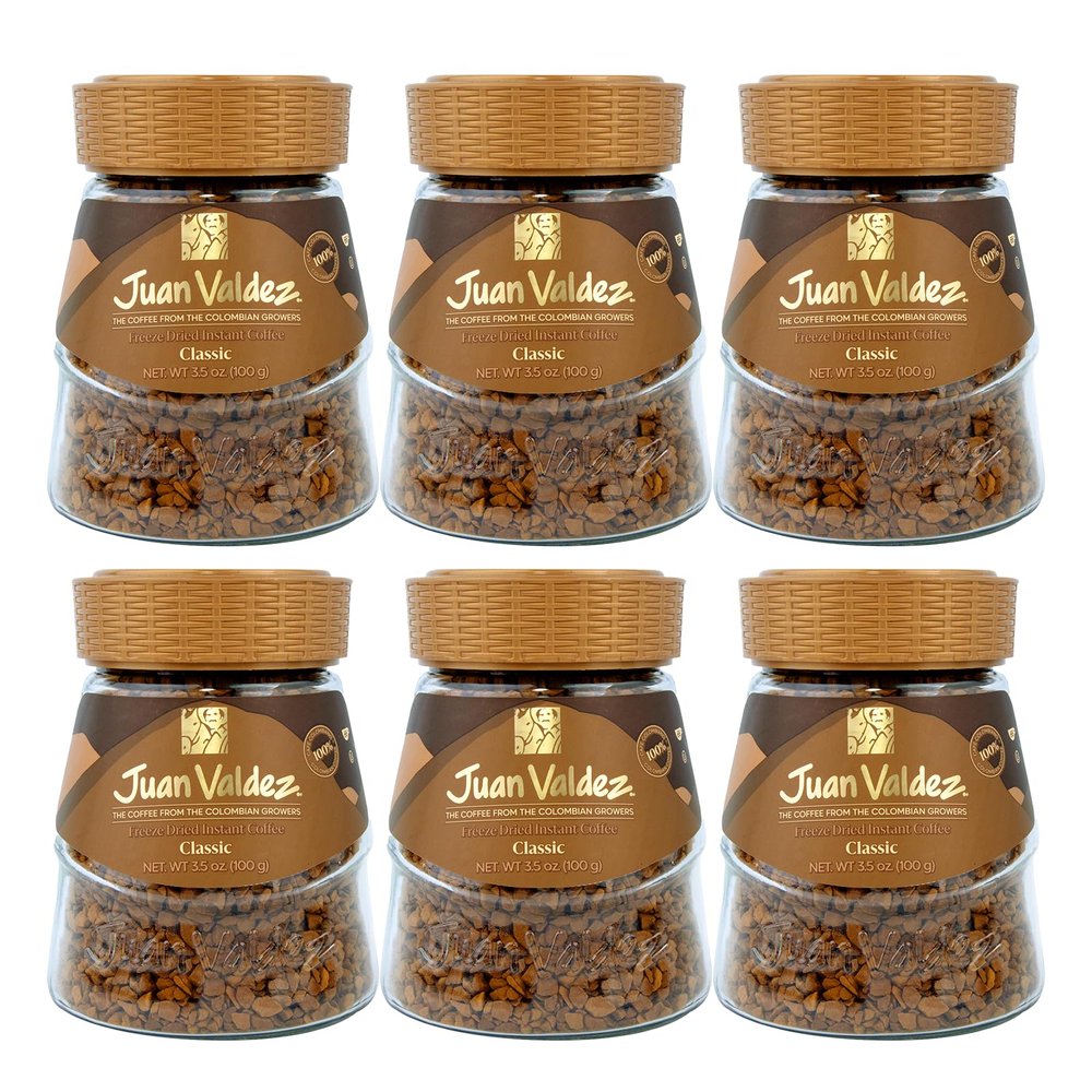 Juan Valdez Freeze-Dried Instant Coffee - Classic Flavor | 100% Colombian Arabica Beans | 3.5 oz / 100 g Jar | Pack of 6 | Smooth & Rich Taste 100% Colombian Coffee | Easy to Prepare | 6 Pack