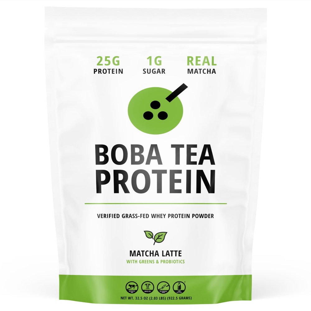 Boba Tea Protein Matcha Latte | 25g Grass-Fed Whey Protein Isolate Powder | Gluten-Free & Soy-Free Bubble Tea Protein Drink | Real Ingredients & Lactose-Free Protein Drink | 25 Servings