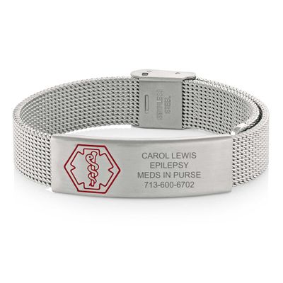 American Medical ID  Sleek Mesh Medical Alert ID Bracelet  Surgical Stainless Steel, Adjustable ID Band Sizing & Clasp, 4 Lines Personalized Engraving Included