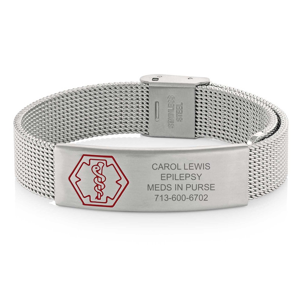 American Medical ID Sleek Mesh Medical Alert ID Bracelet Surgical Stainless Steel, Adjustable ID Band Sizing & Clasp, 4 Lines Personalized Engraving Included