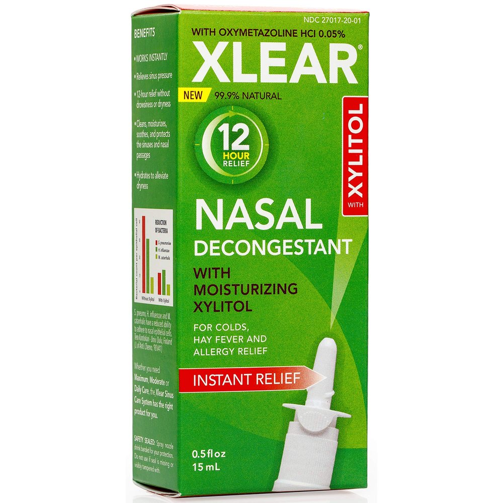 Xlear 12-Hour Natural Saline Nasal Decongestant Spray with Xylitol and Oxymetazoline, Instant Sinus Pressure and Congestion Relief for Kids and Adults 0.5 fl oz (Pack of 2)
