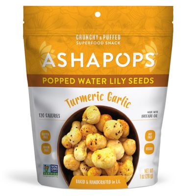 AshaPops Turmeric Garlic Flavored Popped Water Lily Seeds, 1 oz (Pack of 1) - Gluten-Free, Vegan, Paleo, Soy-Free, Non-GMO, Plant-Based Crunchy Snack