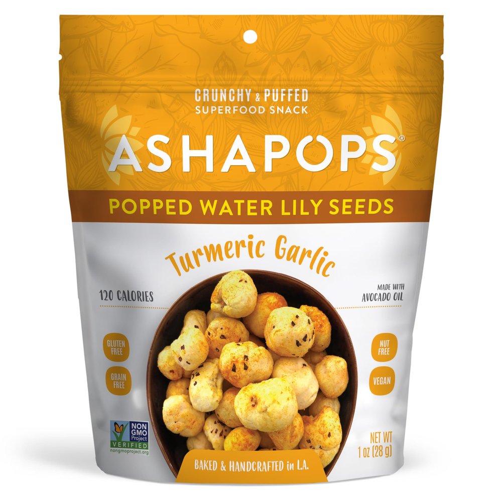 AshaPops Turmeric Garlic Flavored Popped Water Lily Seeds, 1 oz (Pack of 1) - Gluten-Free, Vegan, Paleo, Soy-Free, Non-GMO, Plant-Based Crunchy Snack