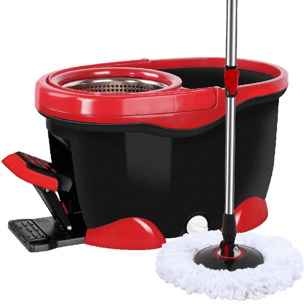 Rotating mop Hand Pressure Automatic Dehydration Metal Basket Metal Pedal Household Mop Bucket, Stainless Steel Dish 4 mop Heads Reddish Black