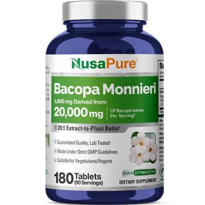 NusaPure Bacopa Leaf Monnieri Extract 20,000 mg 180 Tablets (Extract 20:1, Non-GMO, Gluten Free & Vegan)