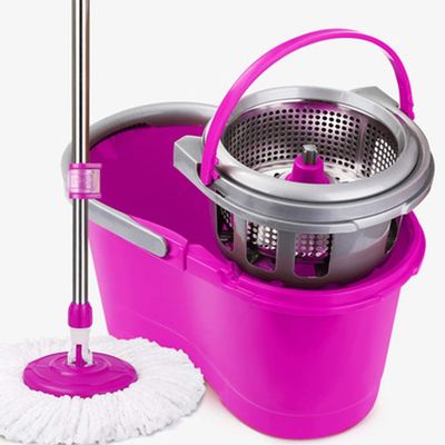 Rotating mop Hand wash Free Automatic Dehydration Wet and Dry Household Mop Bucket, Set 3 mop Heads Two Colors(Color:Purple)