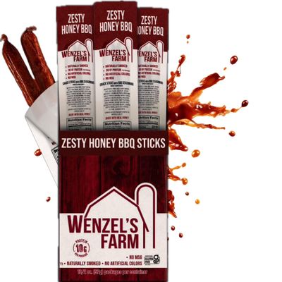Wenzels Farm Zesty Honey BBQ Sticks Supports Active Lifestyles Flavorful, Naturally Smoked  High Protein, Low Carb  No MSG, Fillers, Binders, Artificial Colors  Gluten Free | 32 sticks (16 packs of 2)