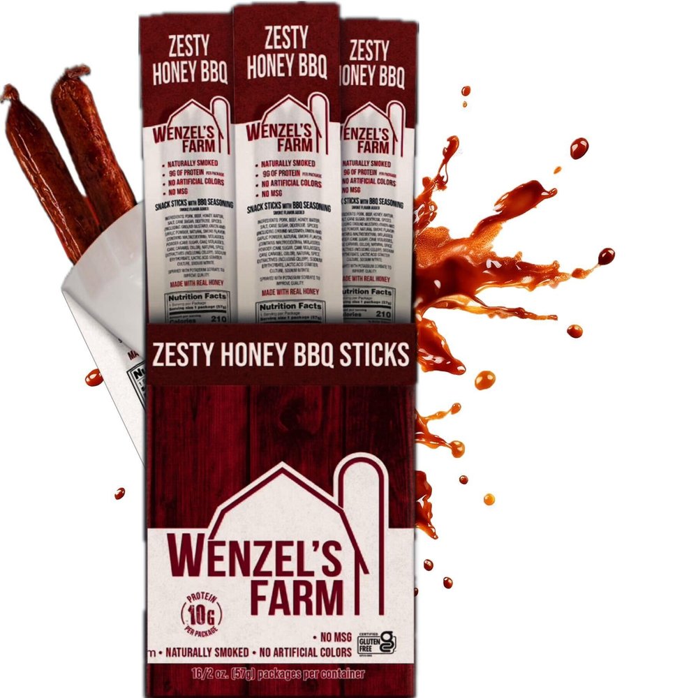 Wenzels Farm Zesty Honey BBQ Sticks Supports Active Lifestyles Flavorful, Naturally Smoked  High Protein, Low Carb  No MSG, Fillers, Binders, Artificial Colors  Gluten Free | 32 sticks (16 packs of 2)