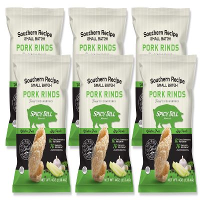 Southern Recipe Small Batch Pork Rinds | Spicy Dill Flavor | Keto Friendly, Gluten Free, Low Carb Food | 7g Collagen Per Serving | High Protein | 4 Oz Bag (Pack of 6)