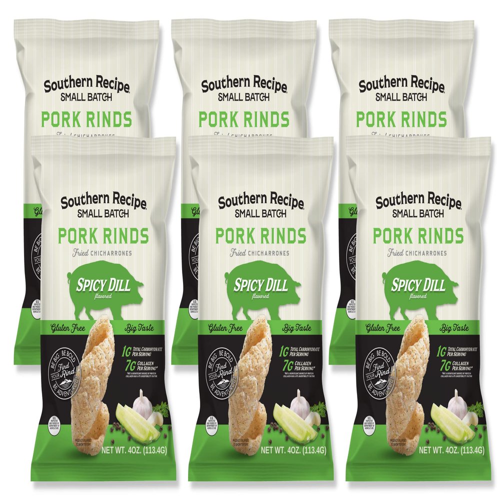 Southern Recipe Small Batch Pork Rinds | Spicy Dill Flavor | Keto Friendly, Gluten Free, Low Carb Food | 7g Collagen Per Serving | High Protein | 4 Oz Bag (Pack of 6)