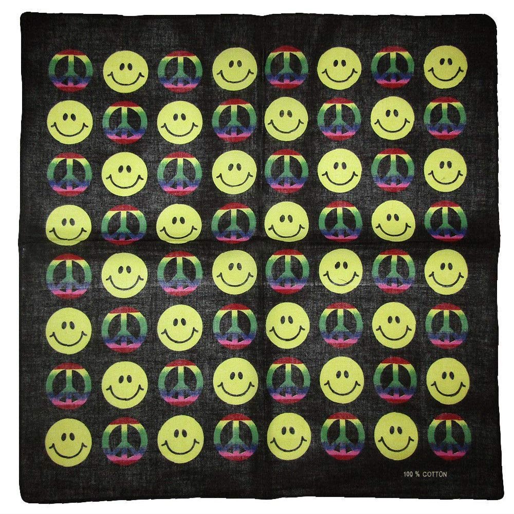 MWS Lot 3 Rainbow Peace Sign Yellow Smiley Face Black Cotton 22"x22" Bandanna