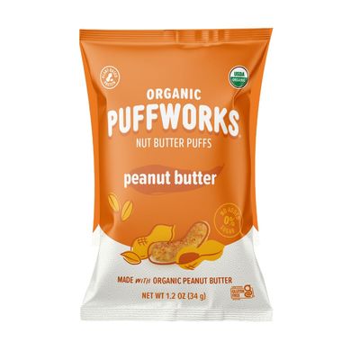 Puffworks Original Organic Peanut Butter Puffs, Plant-Based Protein Snack, Gluten- and Rice-Free, Vegan, No Added Sugar, Kosher, 1.2 Ounce (Pack of 12)