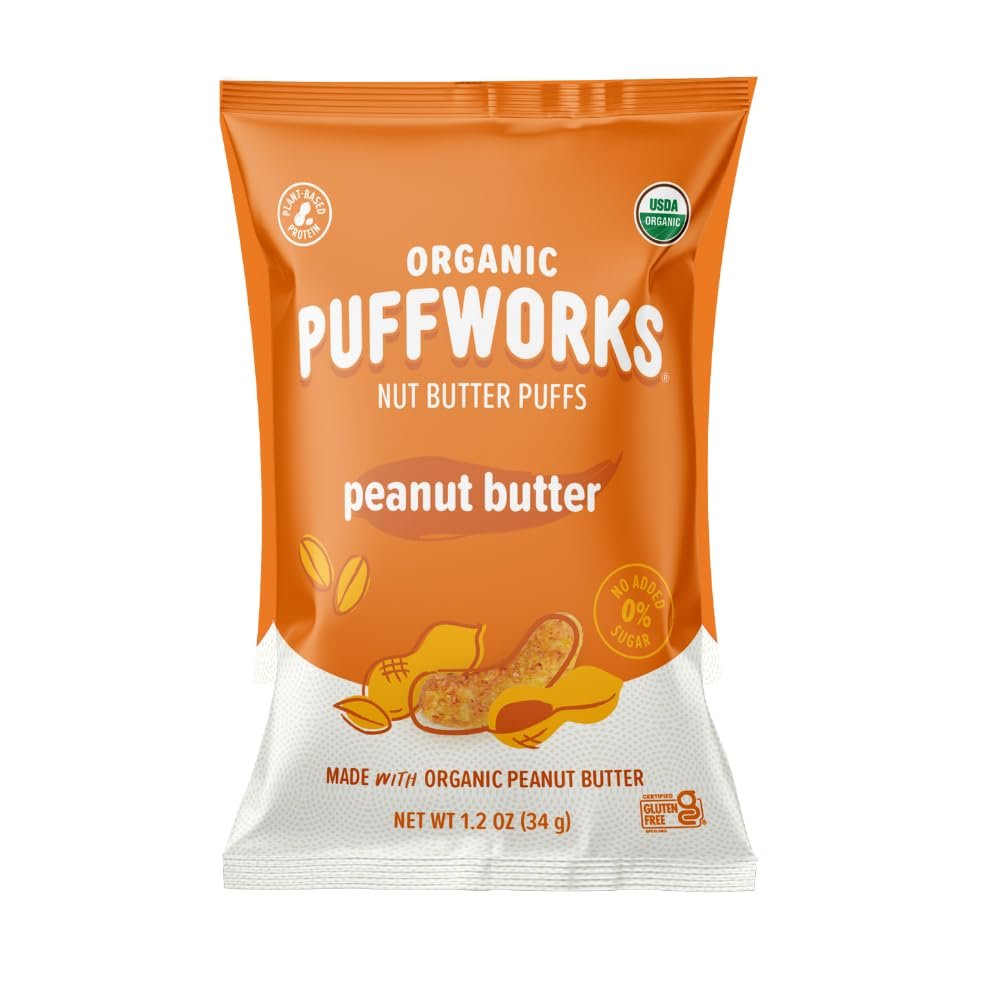 Puffworks Original Organic Peanut Butter Puffs, Plant-Based Protein Snack, Gluten- and Rice-Free, Vegan, No Added Sugar, Kosher, 1.2 Ounce (Pack of 12)
