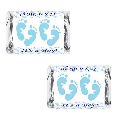 60 Blue Footprints Baby Shower Miniatures Candy Bar Wrapper, Its a Boy Baby Shower Miniatures Candy Bar Stickers Decorations, Candy Not Included. Made in USA